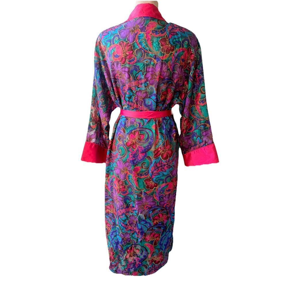 Vtg Victorias Secret Gold Label Paisley Long Robe Pink Satin Trim Fringe Glam S - Picture 7 of 15